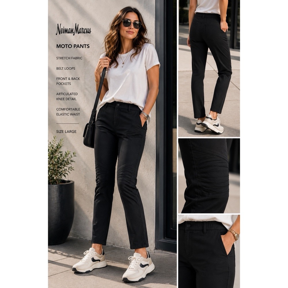Neiman Marcus‎ Black Moto Pants Large Stretch Straight Leg Utility Travel